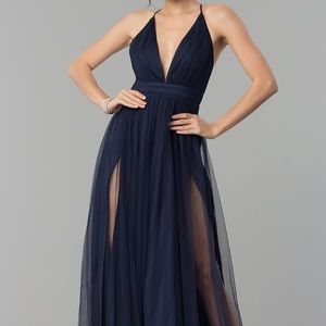 PromGirl Long Tulle Dress with Low V-Neck